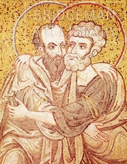 Imagem mostra S&atilde;o Pedro e S&atilde;o Paulo num mosaico encontrado na ilha da Sic&iacute;lia, It&aacute;lia.