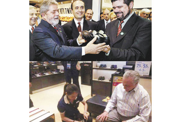 Montagem enviada por Dominici mostra Lula ganhando sapato de Franca e Temer comprando sapato na China