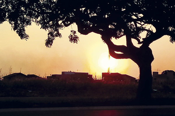 O sol pinta o sol de laranja e amarelo ao entardecer. 