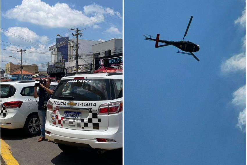 Viaturas da PM em frente à agência atacada por bandidos, e o helicóptero Águia