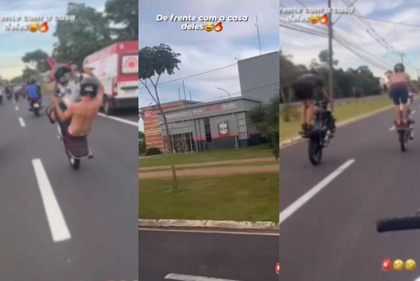 Vídeo mostra o momento que grupo passa em frente à sede do 4.º BC e faz manobras perigosas