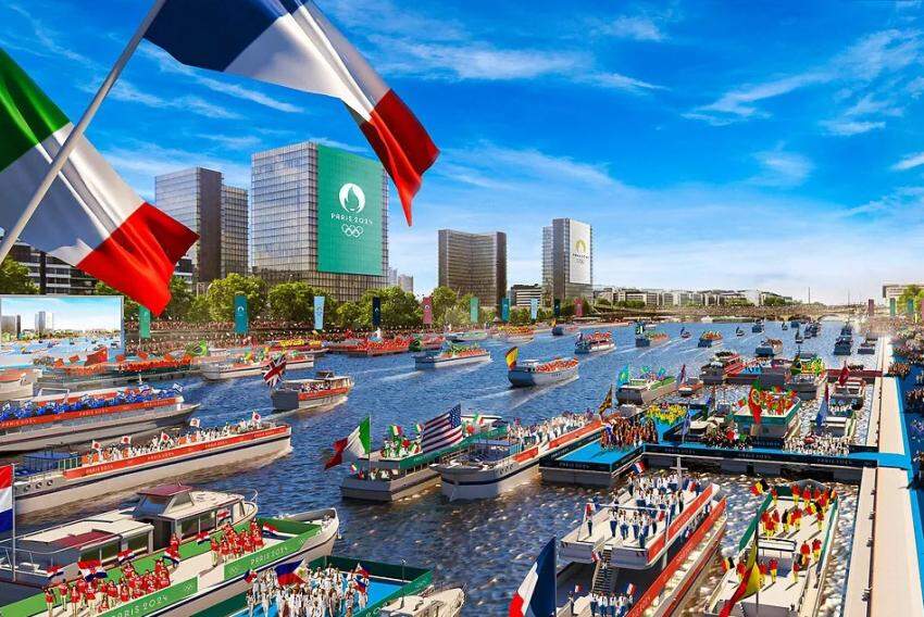 Projeto de como será o histórico desfile de abertura dos Jogos de Paris no Rio Sena