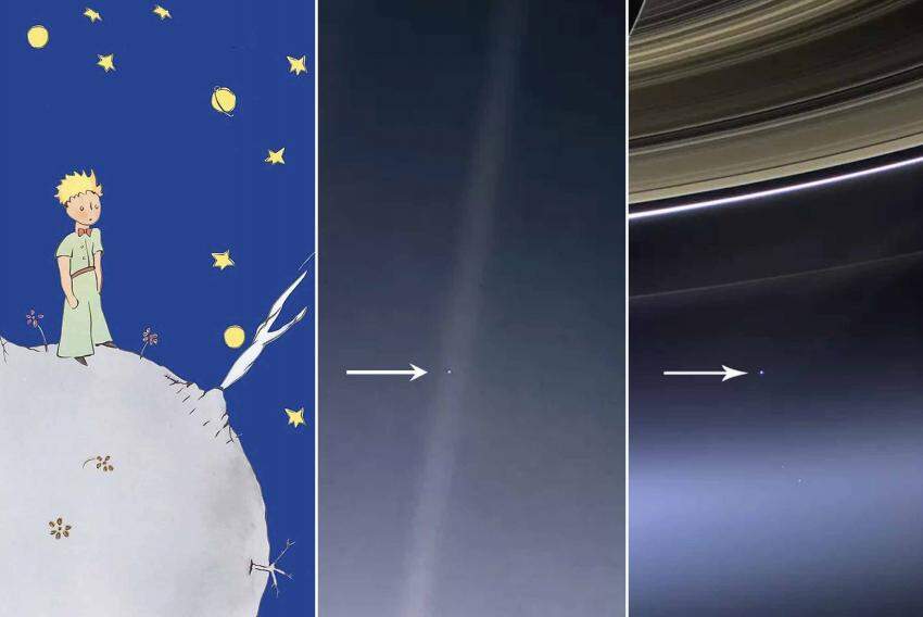 O Pequeno Príncipe e a Terra vista desde os anéis de Saturno como um ponto minúsculo no universo. (sondas Voyager 1 e Corsini 13)