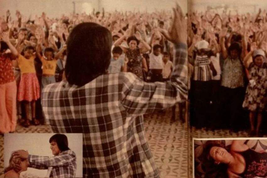 Manoel Maria em 1976, em sessão na igreja de São José; no detalhe, os exorcismos do pastor