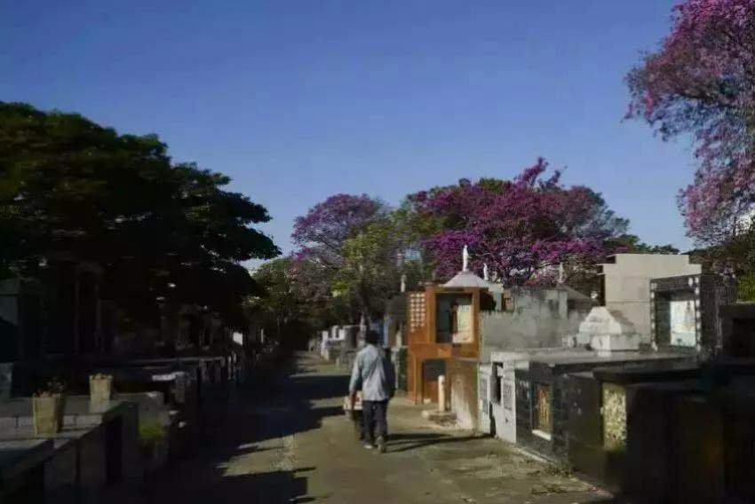 Homem passando por cemitério
