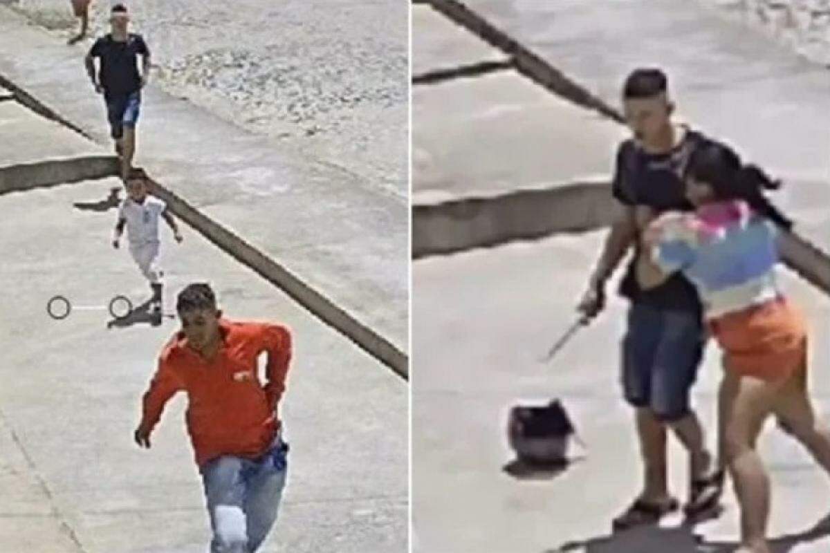 Imagens mostram agressor (de roupa escura) atrás da vítima (de blusa laranja)