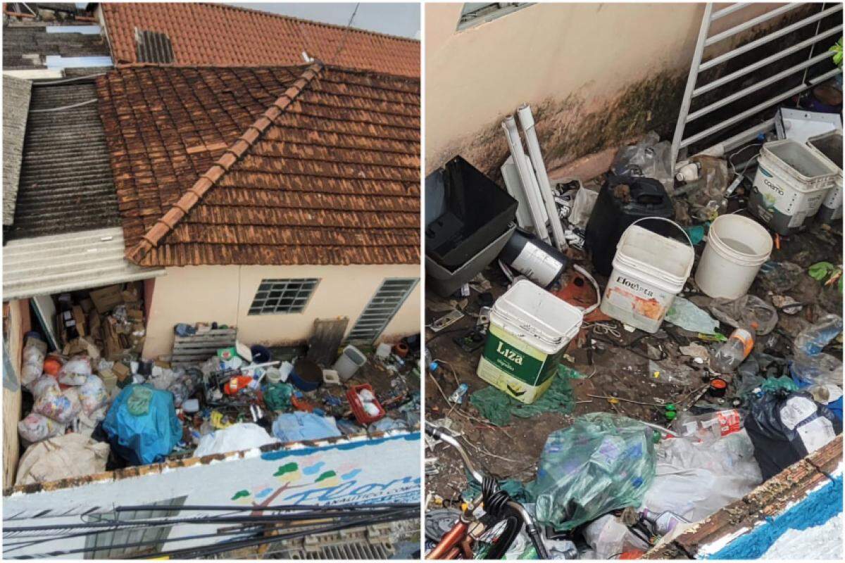Imagens mostram a residência com acúmulo de lixo e baldes com água, que podem ser foco de mosquito da dengue