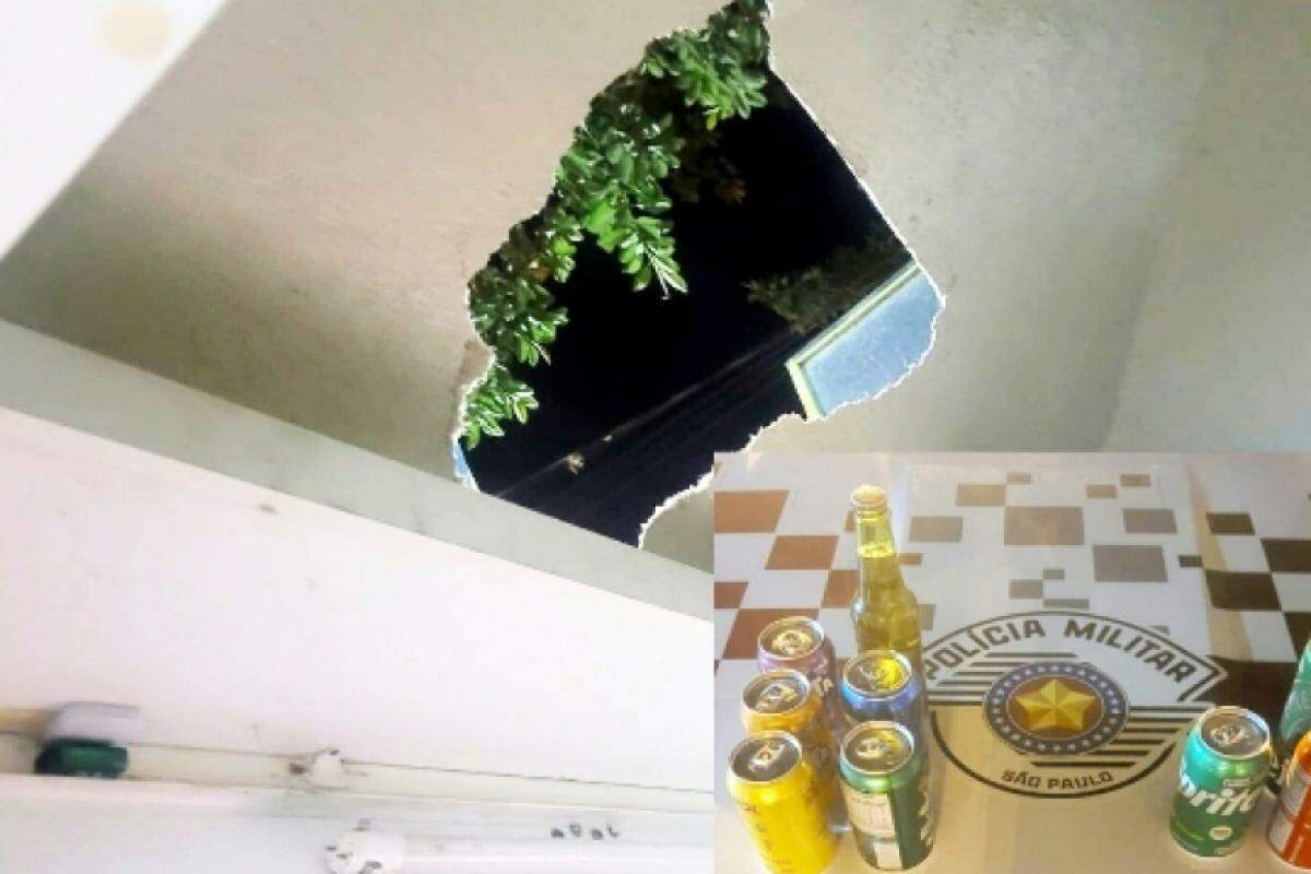 O homem fez um rombo no teto para acessar o quiosque 