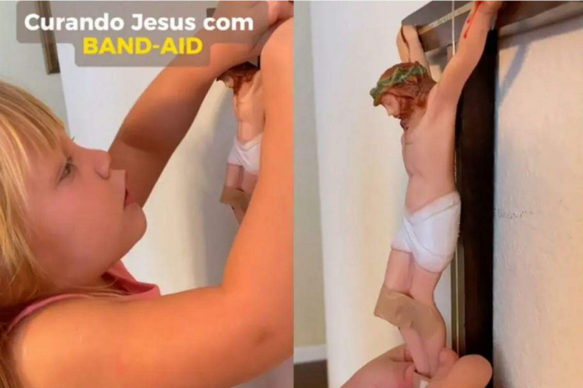 Menina coloca curativo em imagem de Jesus 