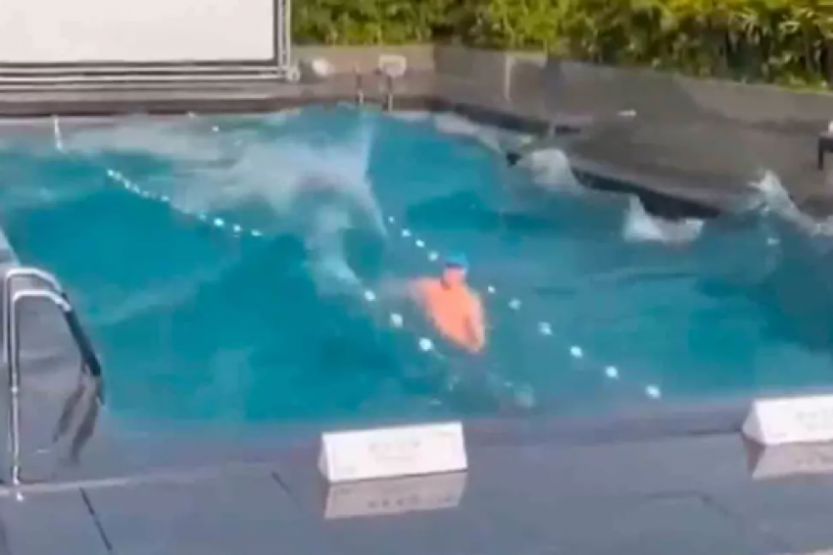  Enquanto a água da piscina balança com força de um lado para o outro, o homem permanece calmo durante o tremor e continua dentro da água