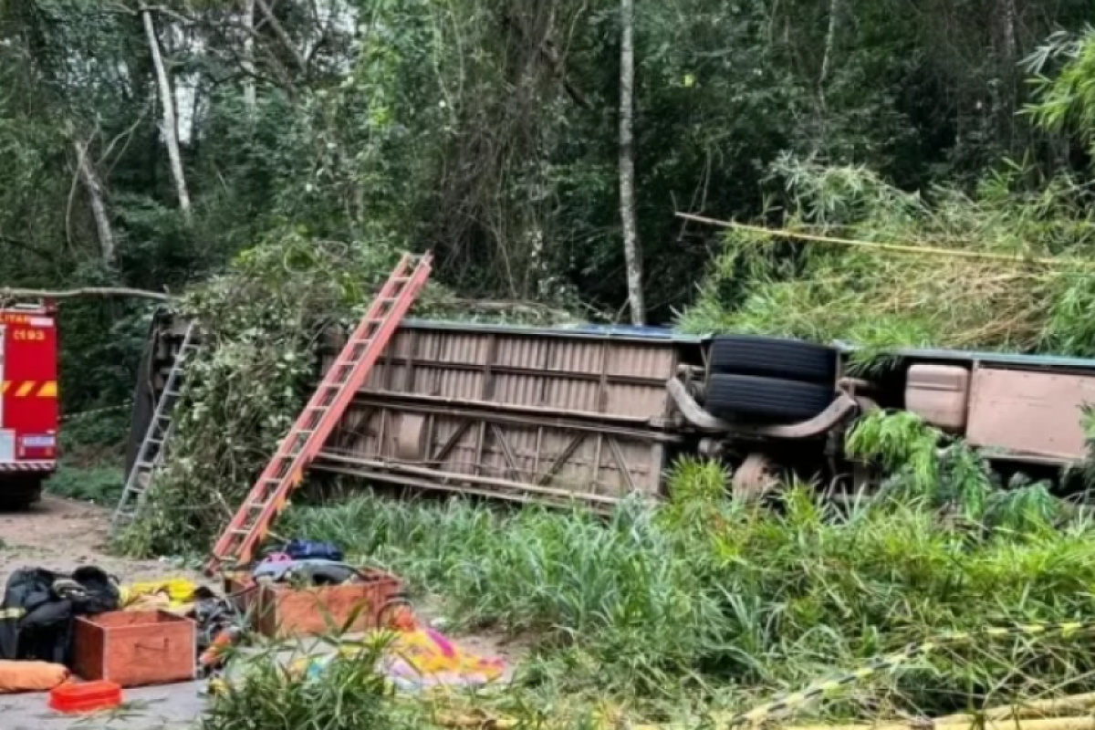 O ônibus caiu em uma ribanceira às margens da MG-120, no município de São Pedro do Suaçuí