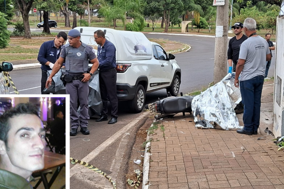 Policiais e agentes funerários no local do acidente que matou Rafael Batista Borges, 37