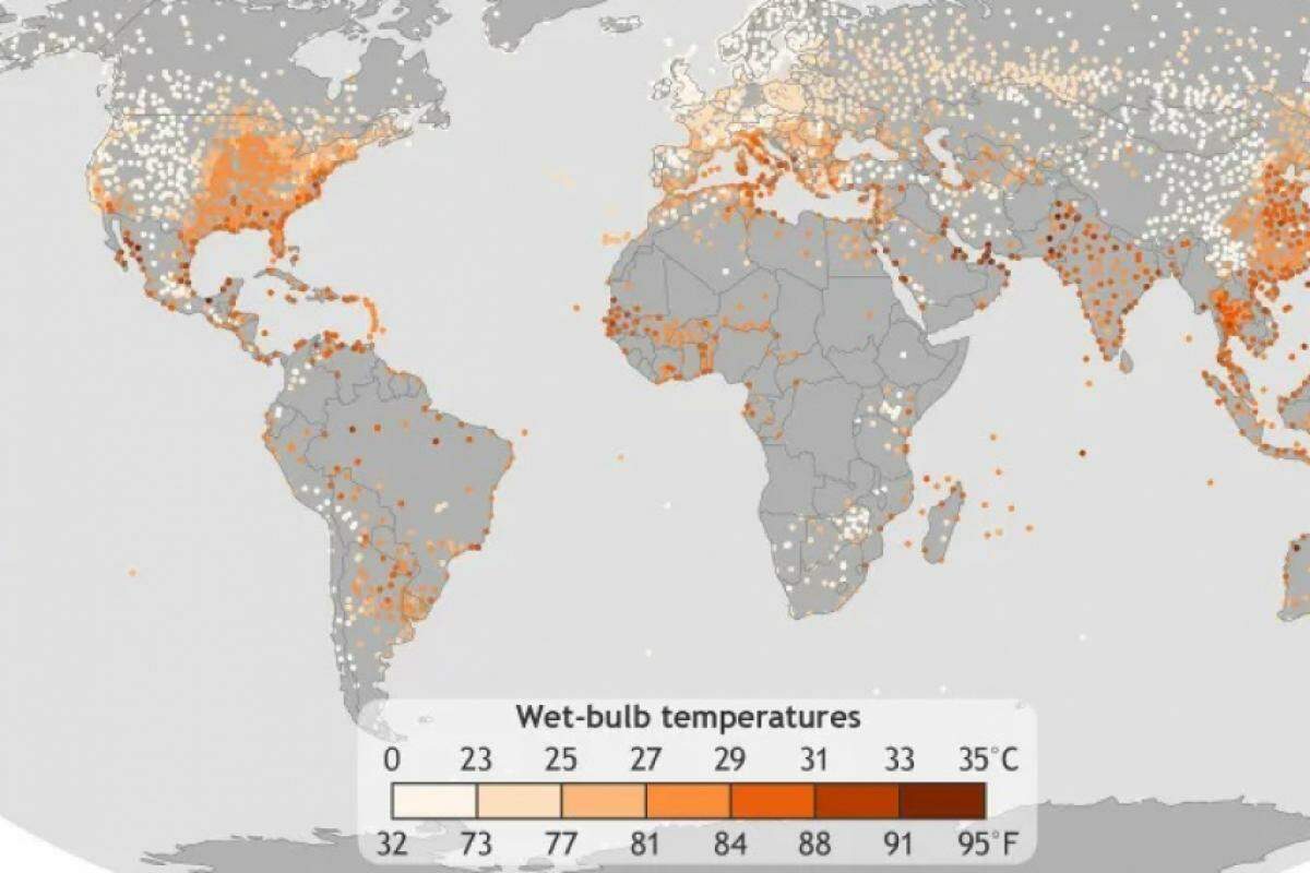 Mapa mostra áreas que experimentaram calor e umidades extremos