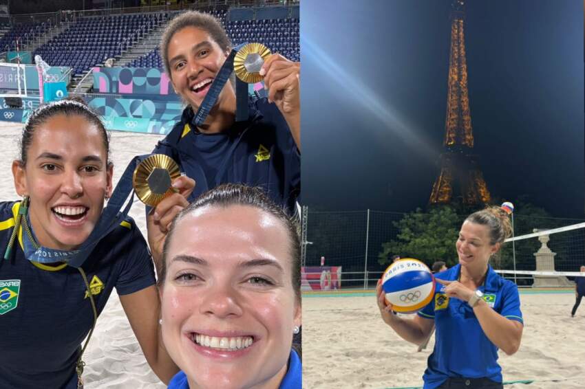 Bianca Andrade com Ana e Duda e com a bola do jogo do ouro