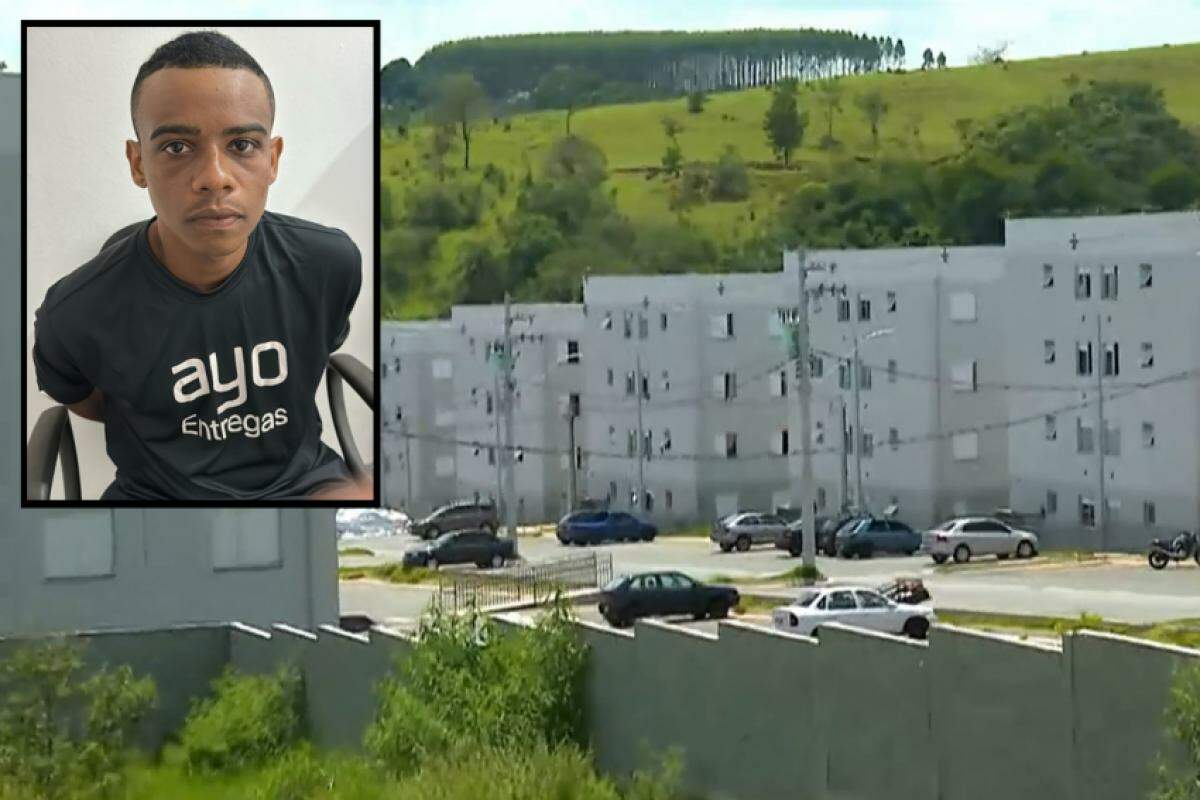 Condomínio onde ocorreu o crime e João Victor no momento da prisão