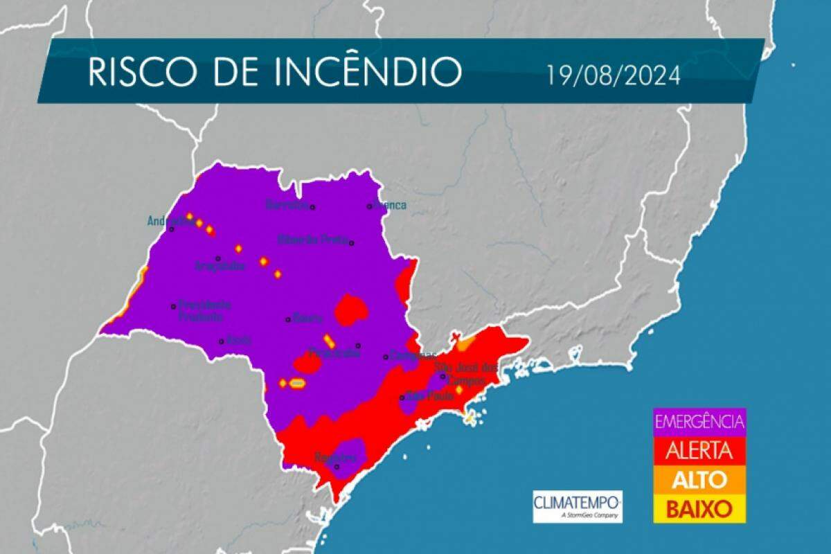 Mapa para o risco de incêndios: áreas roxas estão em emergência