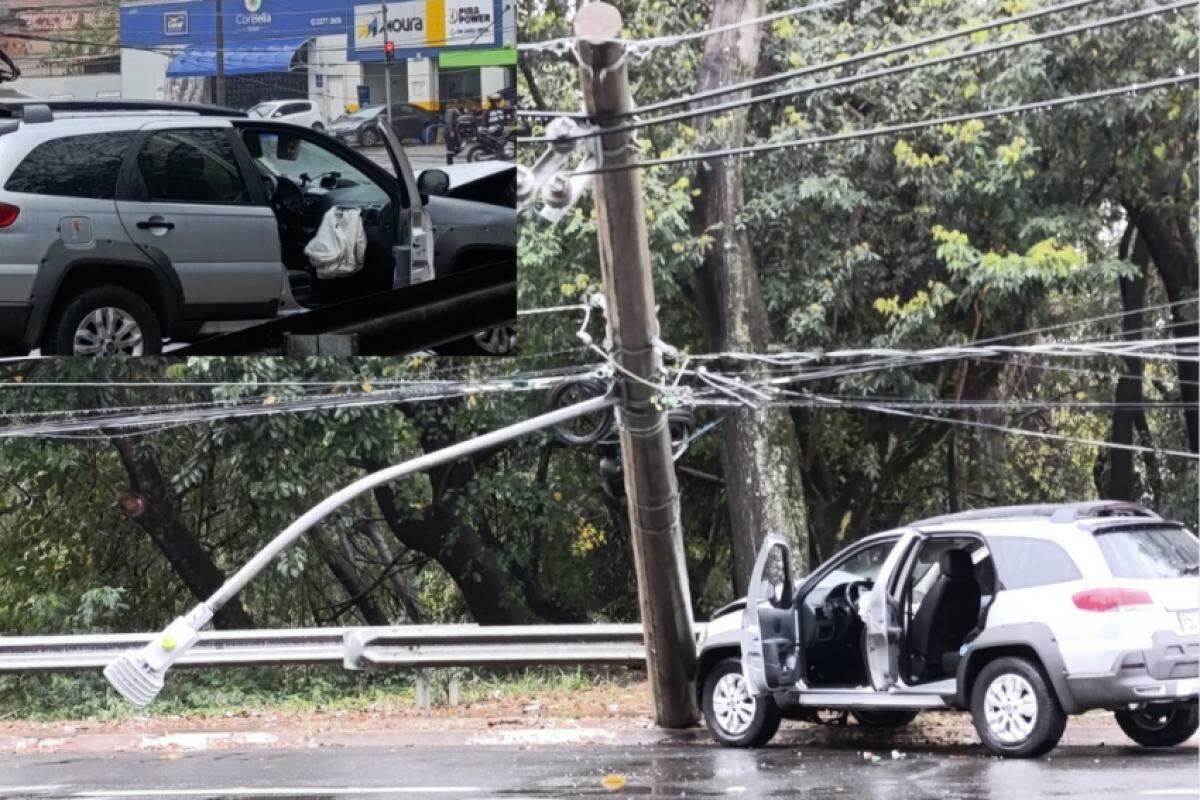 O poste ficou pendurado pela fiação energizada após a batida