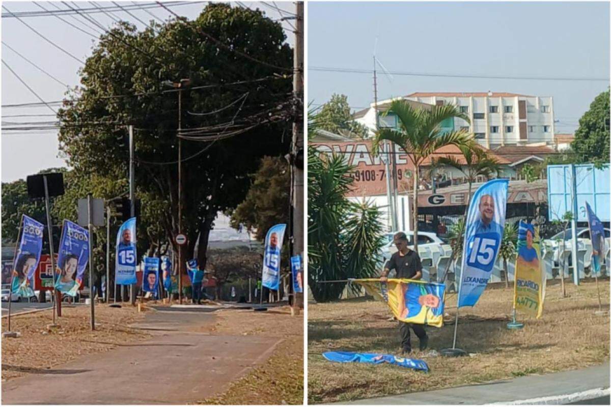 Bandeiras de propaganda dos candidatos disputam espaços na cidade