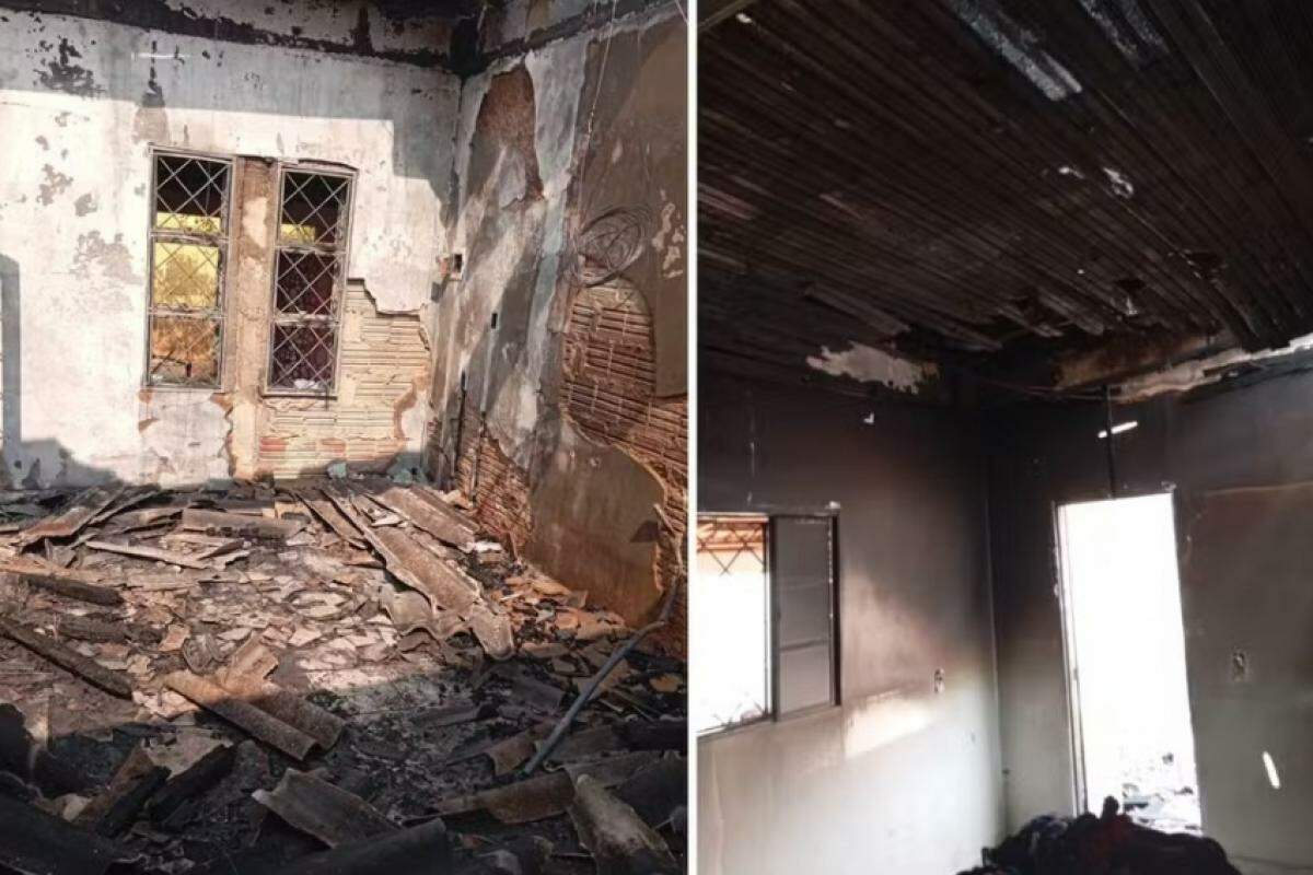 Casa ficou toda destruída após suspeito incendiar o imóvel e matar casal