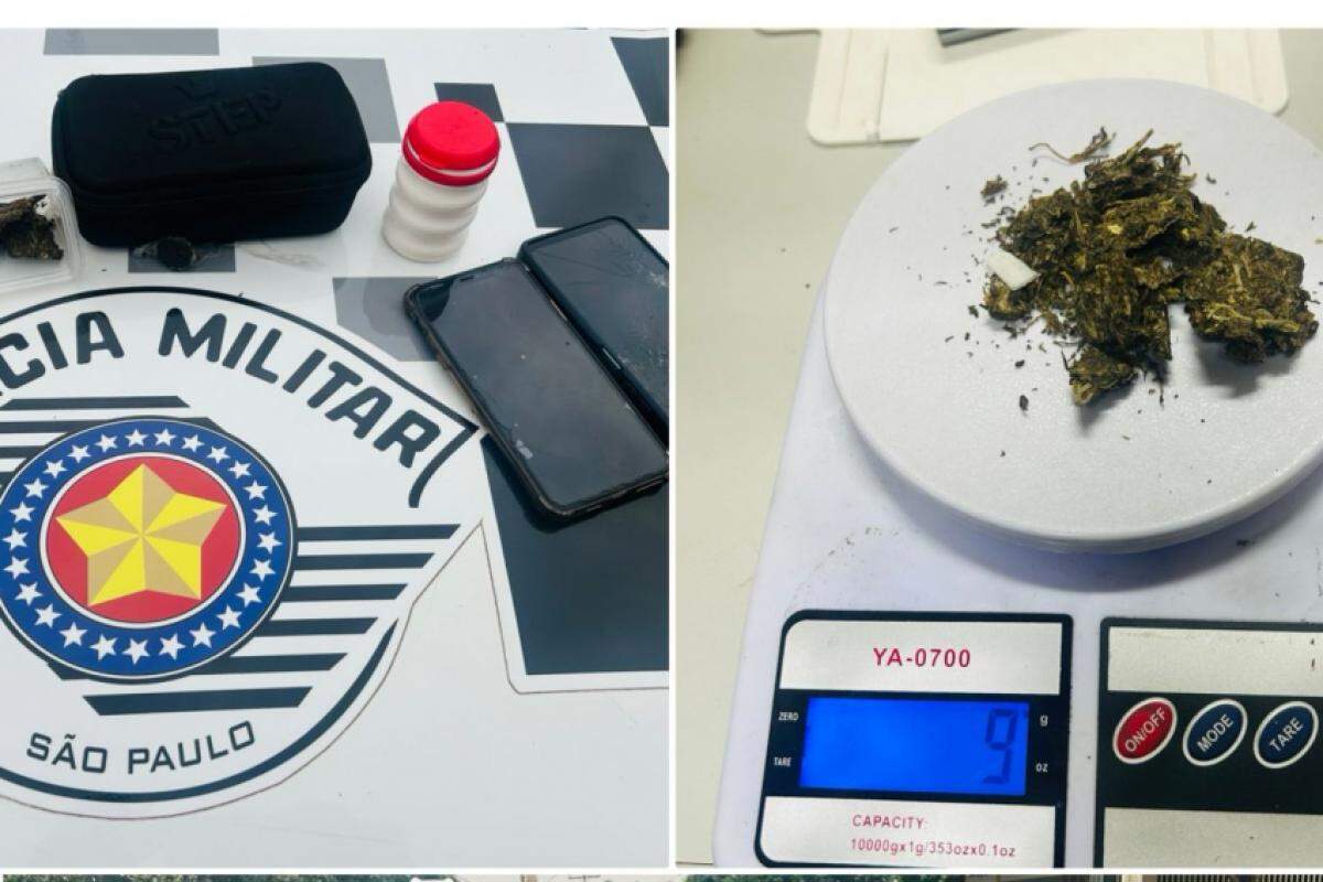 Foram encontrados dois celulares, uma porção de maconha e uma caixa de som