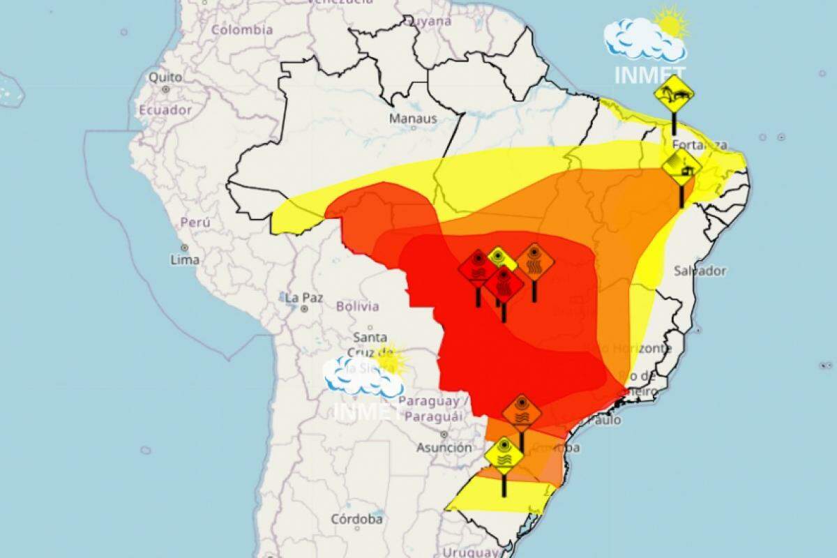 Área em vermelho no mapa está em situação de 'grande perigo', aponta Inmet