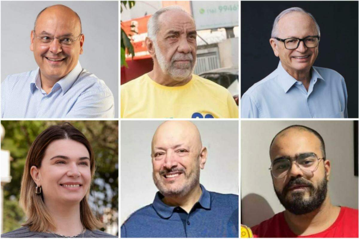 Candidatos a prefeito de Franca Alexandre Ferreira, João Rocha, Dr. Ubiali, Mariana Negri, Alexandre Tabah e João Scarpanti, respectivamente