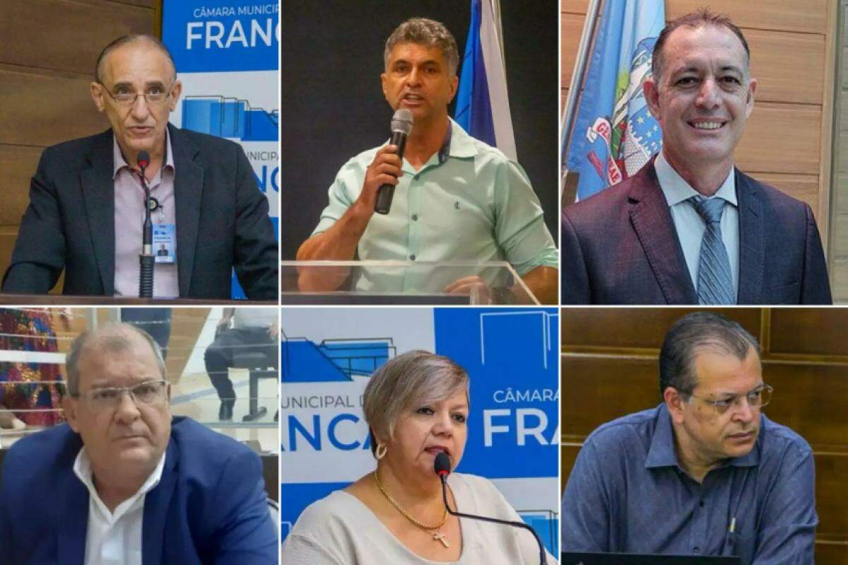 Vereadores que não permanecerão na Câmara de Franca em 2025: Luiz Amaral, Ilton Ferreira, Ronaldo Carvalho, Della Motta, Lurdinha Granzotti e Palamoni