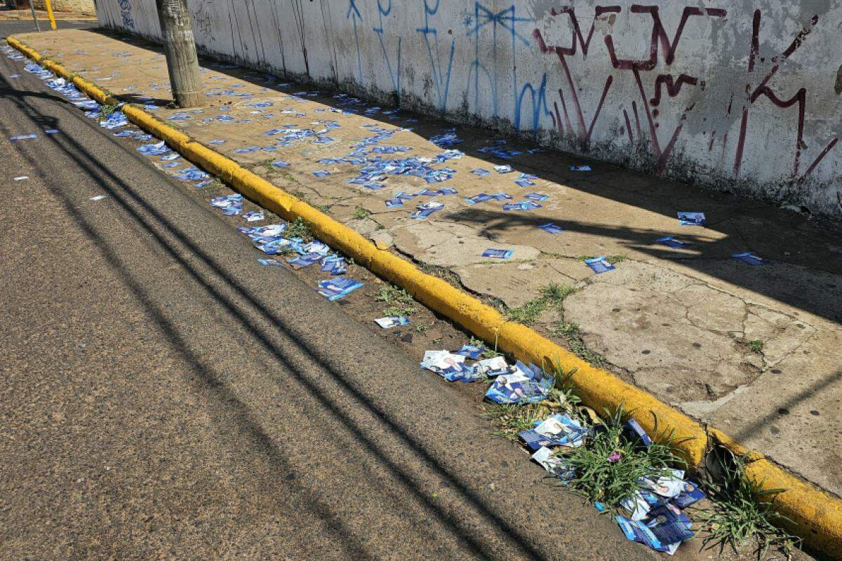 Alguns santinhos jogados na rua Irmã Arminda, no Jardim Brasil