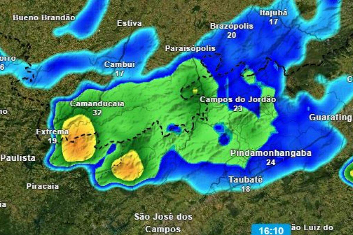 Mapa mostra chuva chegando em regiões do Vale