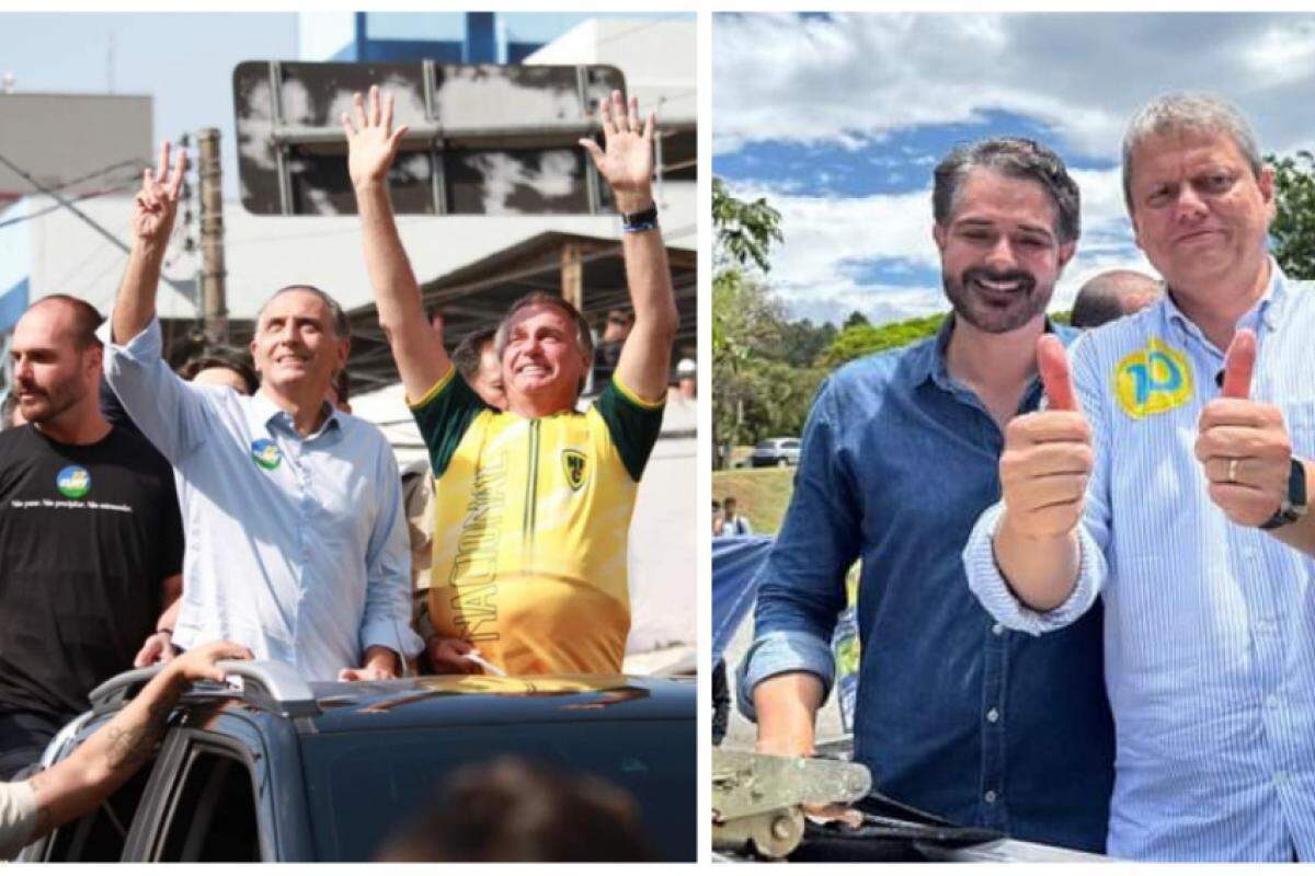 À esquerda, Cury entre Eduardo e Jair Bolsonaro. À direita, Ortiz com Tarcísio