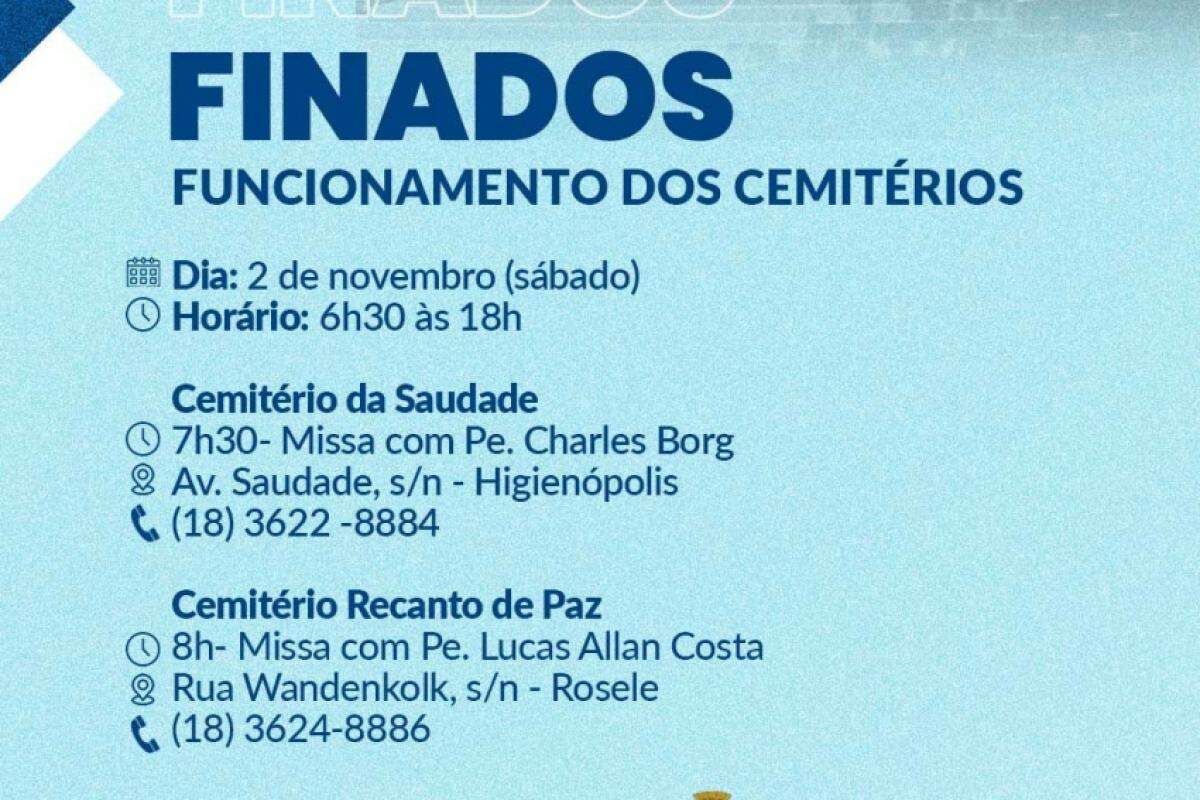 Os dois cemitérios municipais terão missas pela manhã