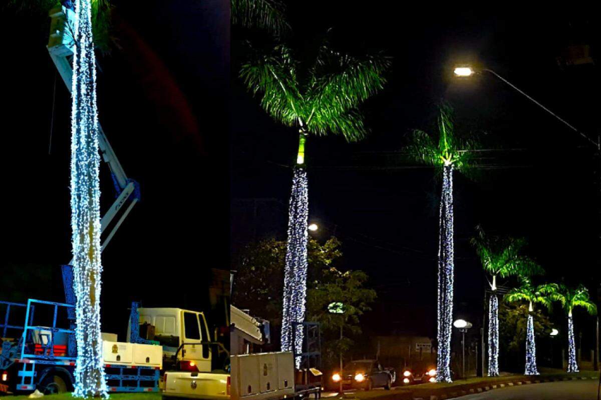 Fotomontagem com duas imagens dos testes das luzes de Natal que serão acesas na Av. Pedro Mascagni na próxima segunda (18/11)