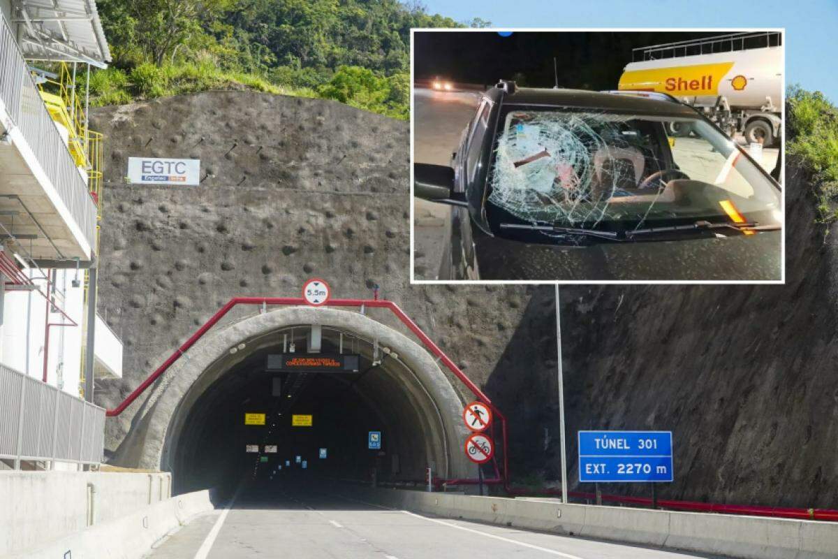 Rodovia dos Tamoios; no detalhe, o carro danificado