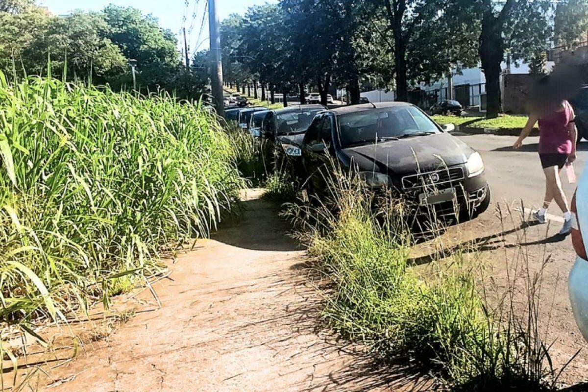 Com a calçada obstruída, as pessoas se arriscam na pista de rolamento da avenida.