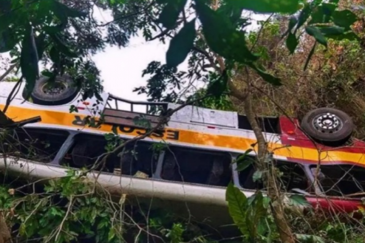 Segundo o Corpo de Bombeiros, o coletivo teria descido cerca de 20 metros e estaria em uma área de difícil acesso