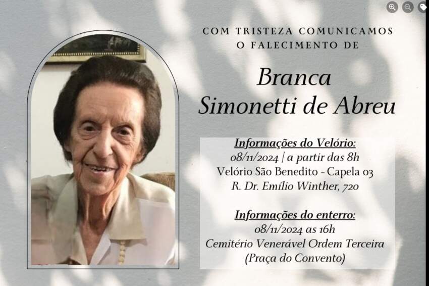 Informações sobre o velório e sepultamento de Branca Simonetti de Abreu