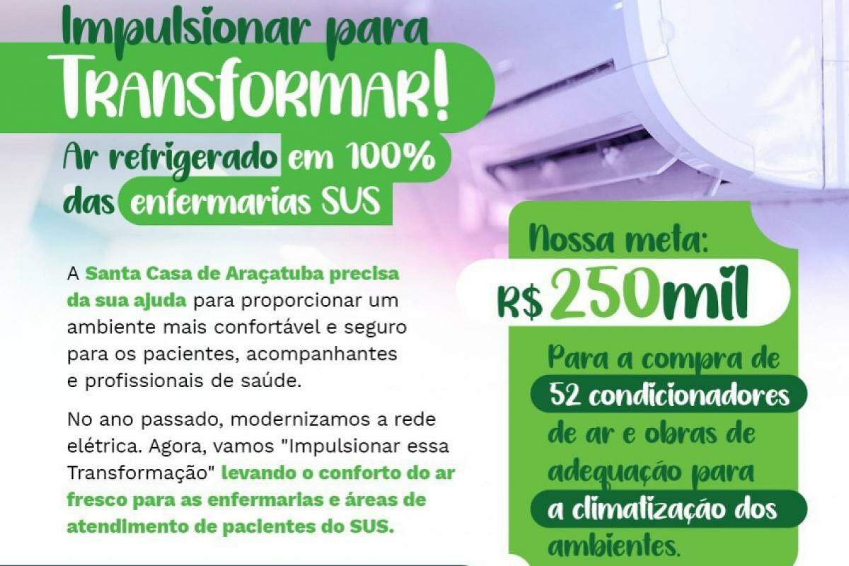 Objetivo do hospital é arrecadar R$ 250 mil para compra de 52 condicionadores de ar e execução de obras de adequação necessárias às instalações