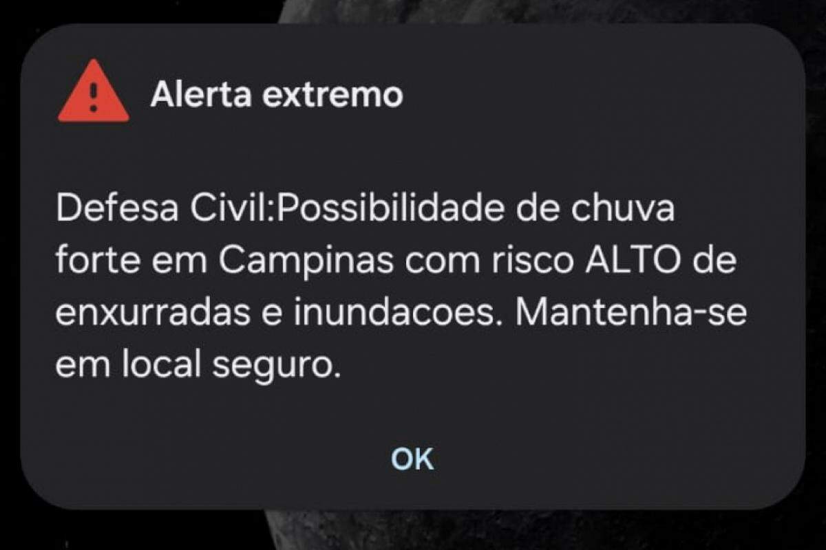 Alerta foi enviado aos celulares dos moradores de Campinas 