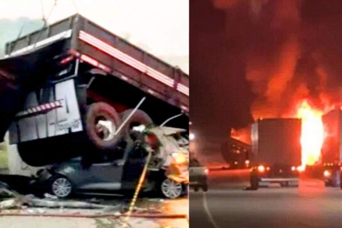 Após a colisão, o ônibus pegou fogo e um automóvel bateu na carreta.