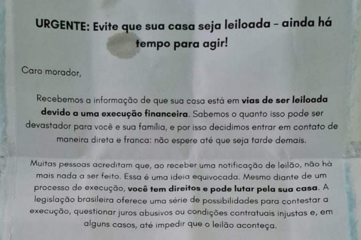 Moradora recebe carta com tentativa de golpe