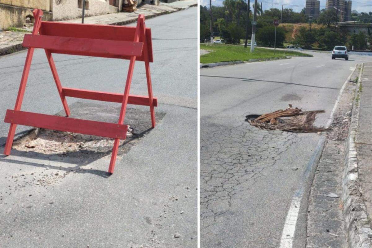 À esquerda, a situação de buracos na rua Engenheiro Monlevade; à direita, no bairro Ponte de Campinas