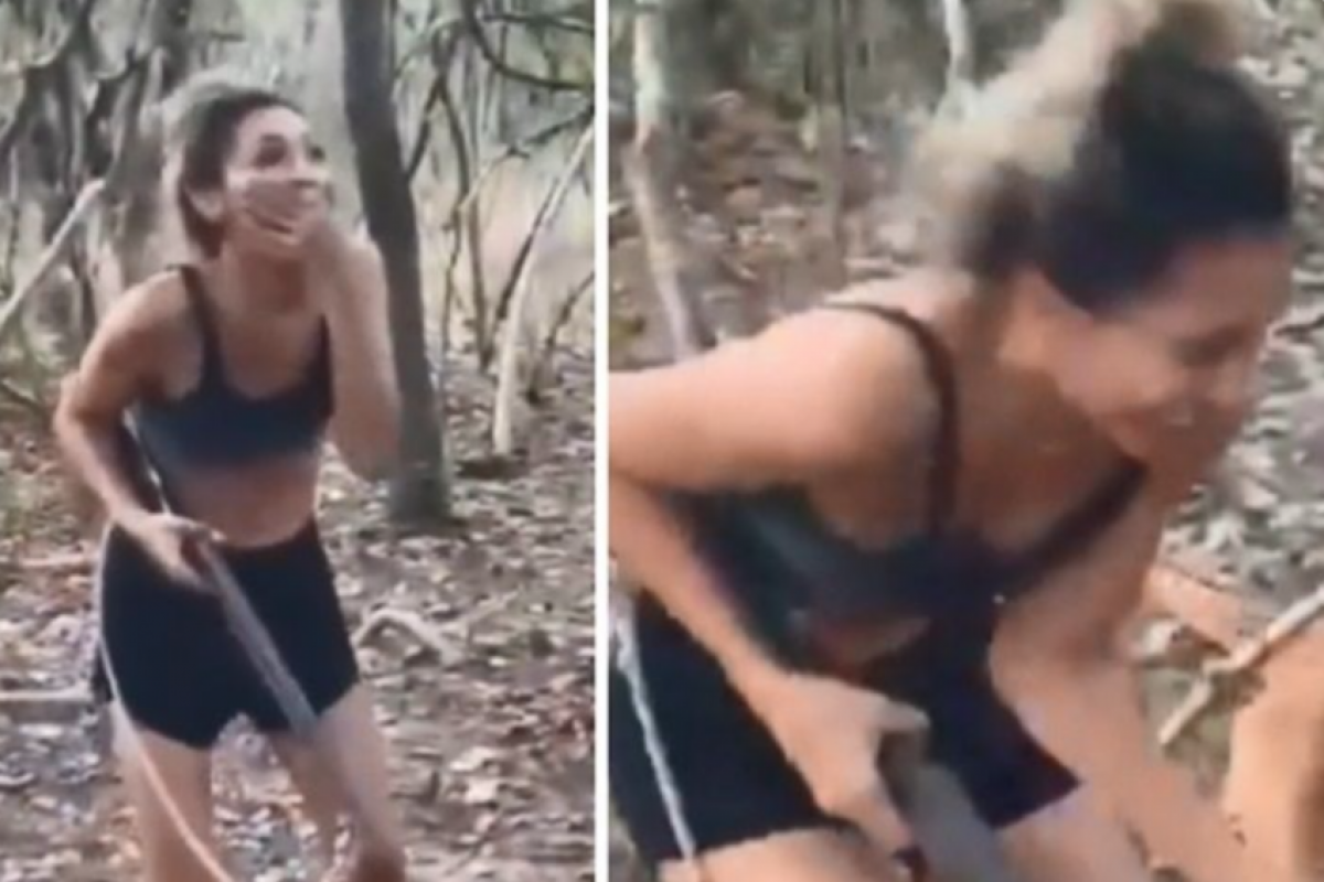 Nas imagens, a mulher de 32 anos aparece disparando contra o animal, enquanto cães o atacam após o disparo. 