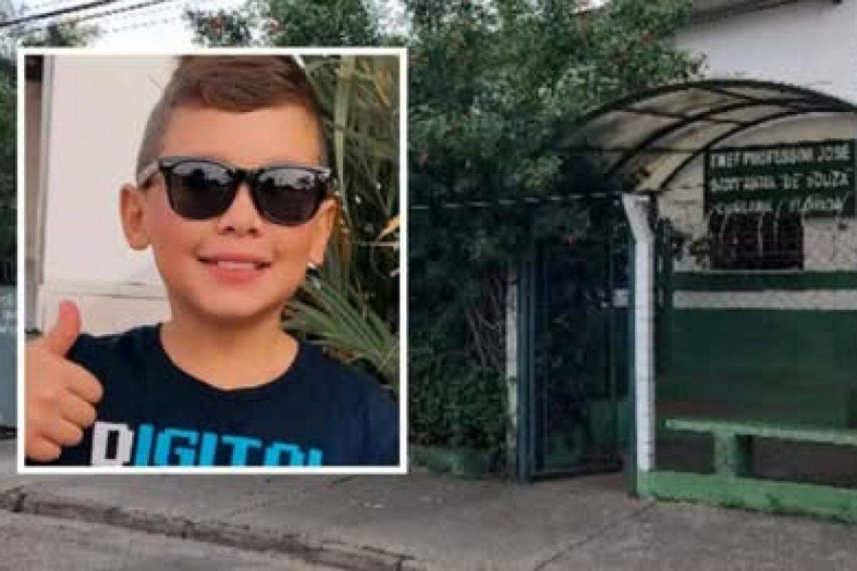 Bryan e a fachada da escola municipal de Taubaté