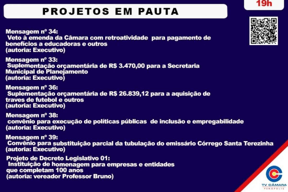 Todos os projetos em pauta podem ser acessados pela página www.camaradepenapolis.sp.gov.br (em sessão plenária)