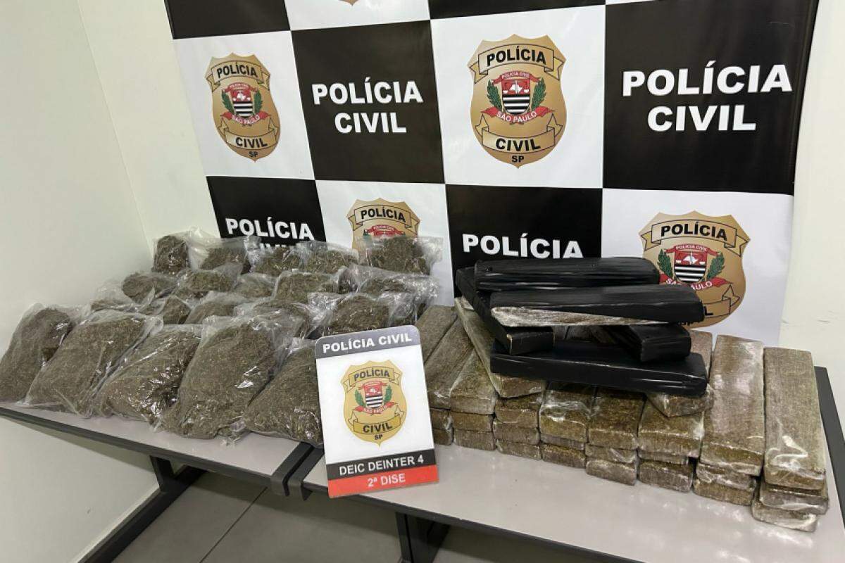 No total, foram apreendidos 35 tijolos de maconha e 20 sacos plásticos a vácuo contendo “bucha de maconha”
