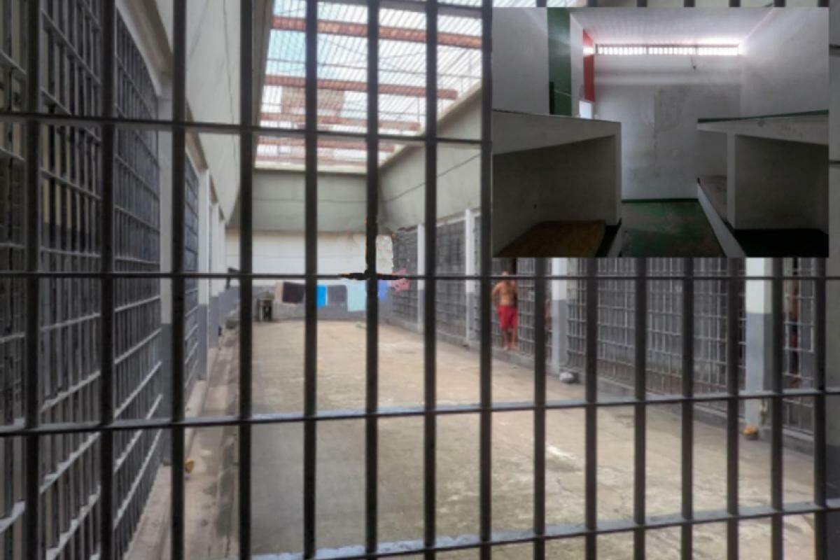 Cadeia pública; no detalhe, beliches da unidade