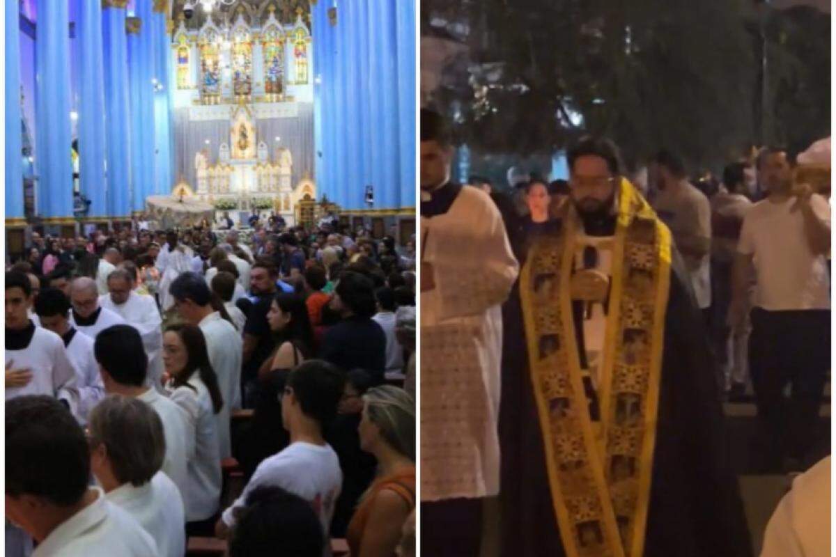 À esquerda, fiéis reunidos na Catedral de Franca; à direita, procissão do Senhor Morto