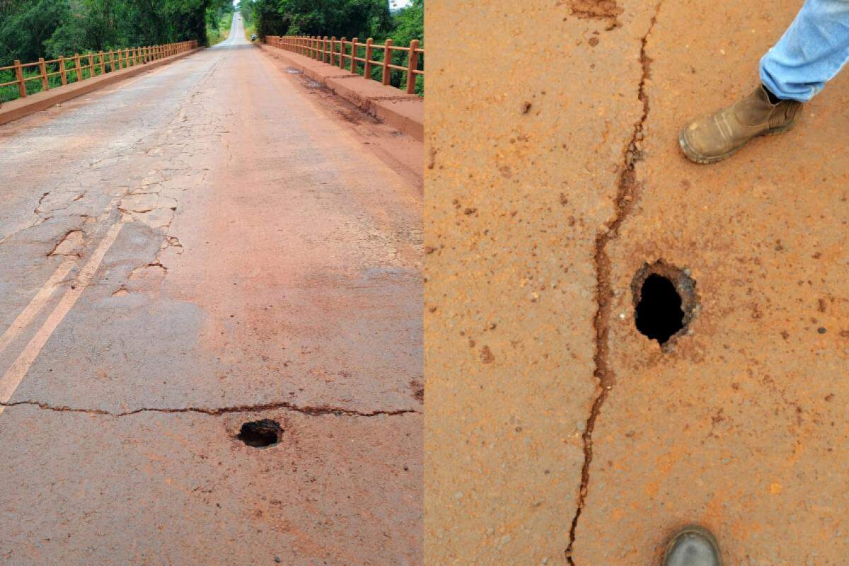 Buraco e rachadura na cabeceira da ponte do Rio Sapucaí 