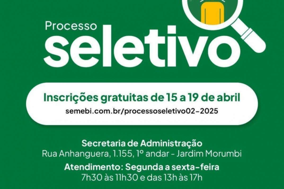A seleção contempla cargos de níveis fundamental, médio, técnico e superior; inscrições começam nesta terça-feira, 15 de abril