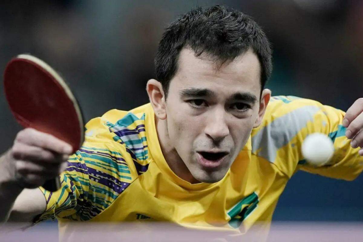 O carioca Hugo Calderano, durante partida pela Copa do Mundo de tênis de mesa 